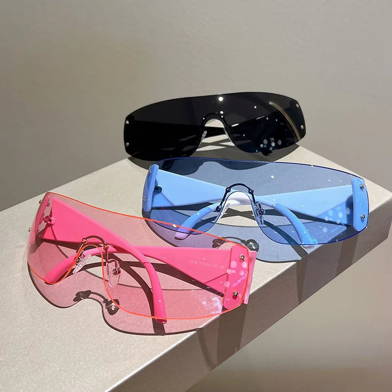 Rimless Brand Designer Sunglasses Women For Men 2023 One Piece Trending Luxury Sun Glasses Rivet Steampunk Pink Shades UV400