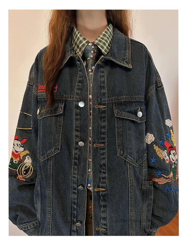 Disney Mickey Mouse American Style Vintage Denim Coat Cute Embroidered Casual Cowboy Coat Women's Autumn Loose Trendy Jacket Top