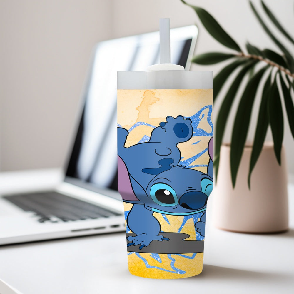 Disney Stitch Cartoon Character Round Stainless Steel Tumbler with Straw, 14oz Insulated Travel Mug, BPS Free, Hand Wash Only, Ideal for Car, Home, Daily Use, Gift for Family and Friends - Ramadan Celebration