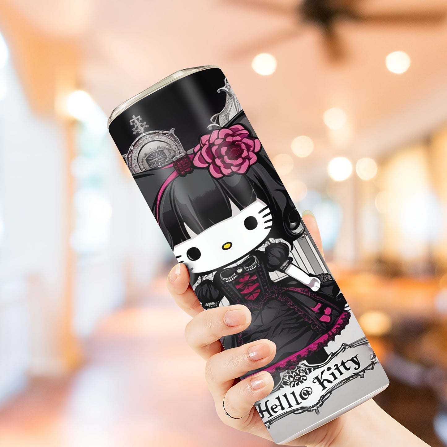 Hello Kitty 20oz Stainless Steel Insulated Tumbler with Straw - Dark Cat Design, Rust-Proof & Detachable Cover, Perfect Gift for Family and Friends