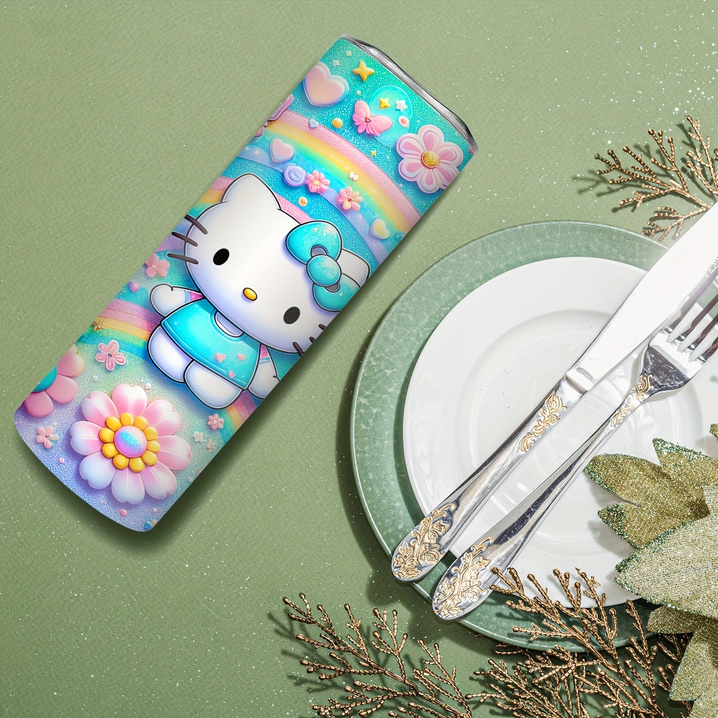 Hello Kitty 20oz Insulated Stainless Steel Tumbler with Straw - Cute Cartoon Cat, Floral & Rainbow Designs - Rust-Proof, Detachable Lid - Perfect for Relaxation, Reading, Dining - Ideal Christmas Gift, Hello Kitty Room Decor