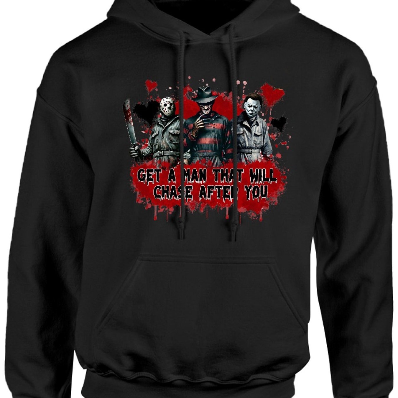 Classic Print Cozy Horror Friends Pullover Hoodie, Long Sleeve Casual Crew Neck Get A Man That Will Chase After You