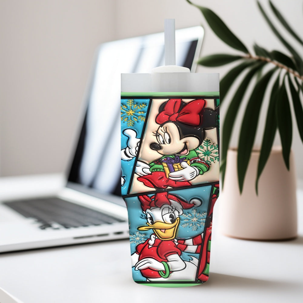 1pc Disney 14oz Stainless Steel Tumbler with Cartoon Christmas Characters, Insulated Travel Mug with Straw, Hand Wash Only, BPA-Free, Round Shape, Ideal for Car/Home Use, Perfect Gift for Family and Friends - Ramadan (Eid Al-
