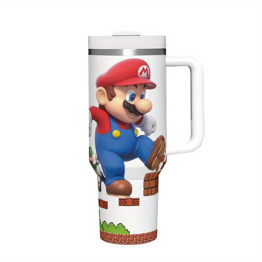Super Mario 40oz Stainless Steel Tumbler with Handle - Leakproof, Reusable & Durable - Perfect for Hot & Cold Drinks - Ideal Gift for Family & Friends - Includes Straw & Lid - Great for Outdoor Camping, Driving & Travel
