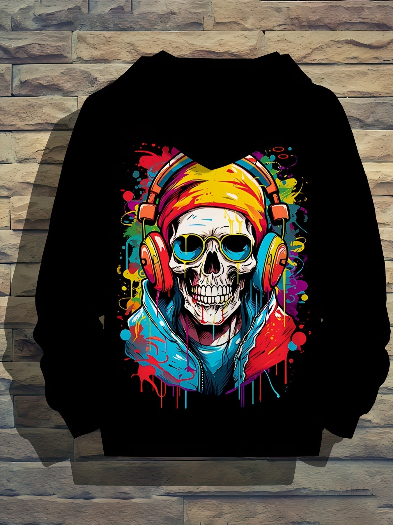 Men'S Rock Skull Print Hoodie with Kangaroo Pocket, Casual Spring/Fall Polyester Sweatshirt, Long Sleeve, Knit Fabric, Unisex-Fit for Outdoor Leisure Wear