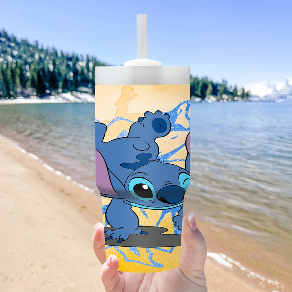 Disney Stitch Cartoon Character Round Stainless Steel Tumbler with Straw, 14oz Insulated Travel Mug, BPS Free, Hand Wash Only, Ideal for Car, Home, Daily Use, Gift for Family and Friends - Ramadan Celebration