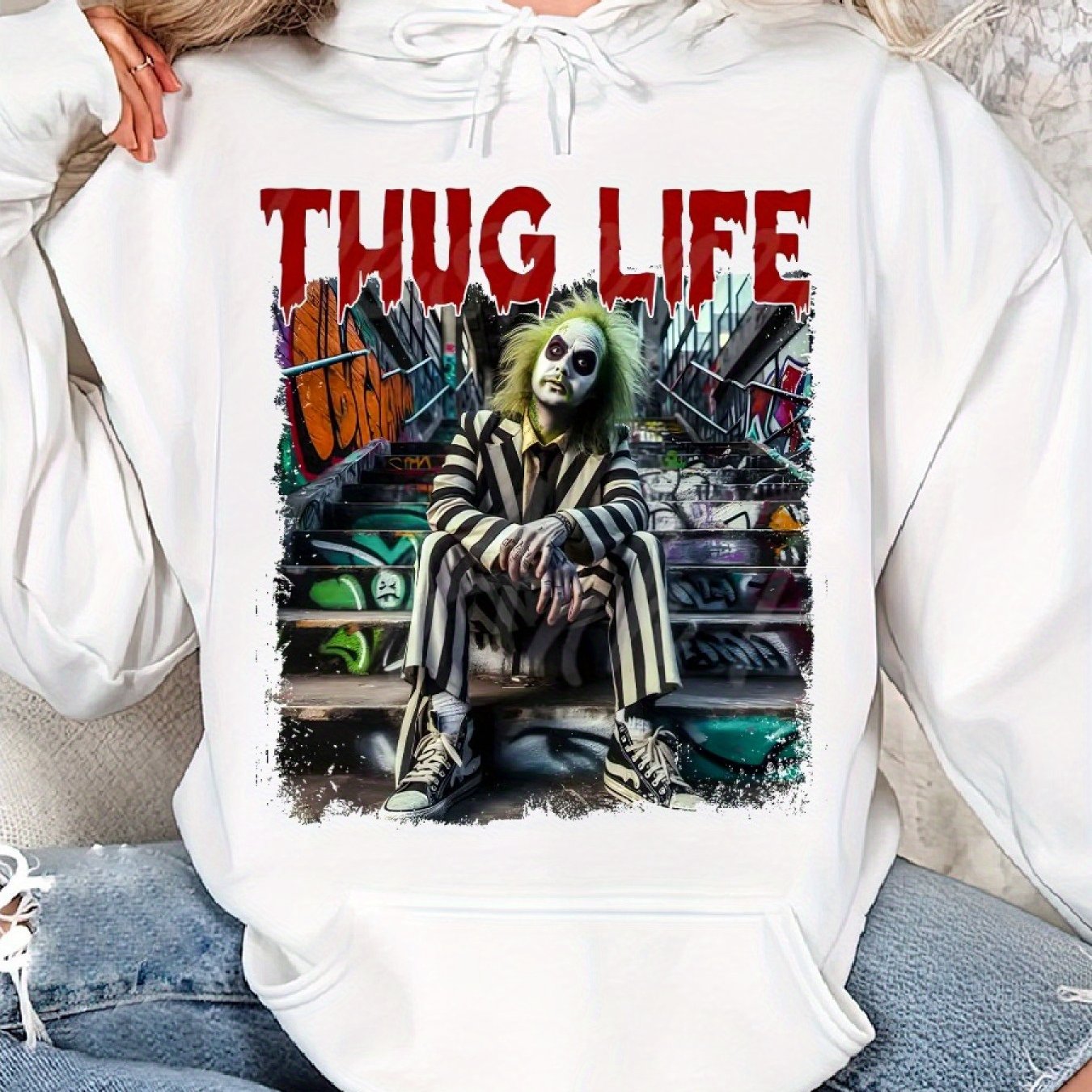 Beetlle Juice, Thug Life Halloween Cozy Classic Print Pullover Hoodie, Casual Long Sleeve Hoodie For Sprots