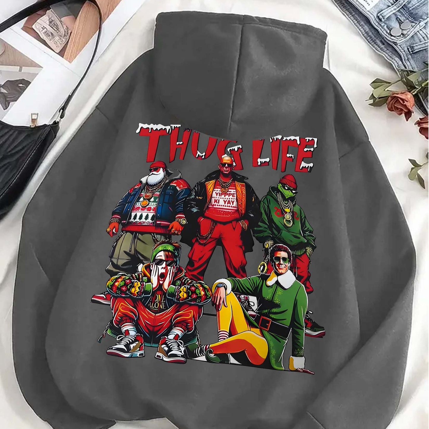 Men'S Casual Hooded Sweatshirt with Thug Life Graphic Print, Polyester Knit Fabric, Regular Fit, with Drawstring Hood, Slight Stretch, Alphabet Pattern for Fall/Winter