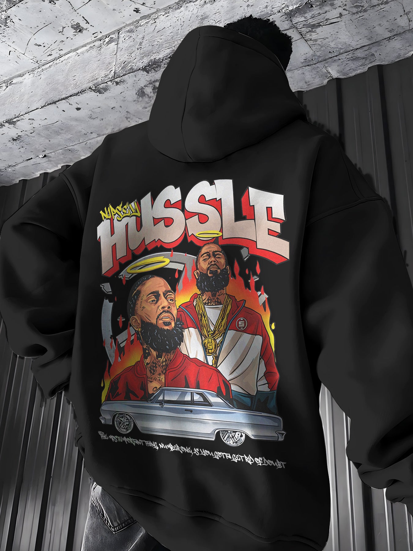 1pc Hussle BLK Graphic Hoodie for Men and Women - Cotton Blend Street Style Pullover with Drawstring, Long Sleeve, Kangaroo Pocket - Digital Heat Transfer Portrait Design, Regular Fit Hooded Sweatshirt for Casual Daily Wear