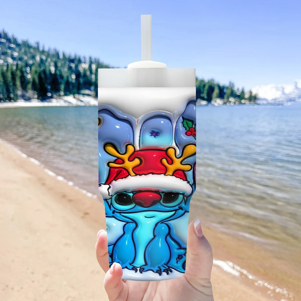 1pc Disney Stitch Christmas Reindeer Cartoon Character 14oz Stainless Steel Insulated Tumbler with Straw, Hand Wash Only, BPA Free, Round Holiday Themed Travel Mug for Home & Car Use, Ideal Ramadan Gift