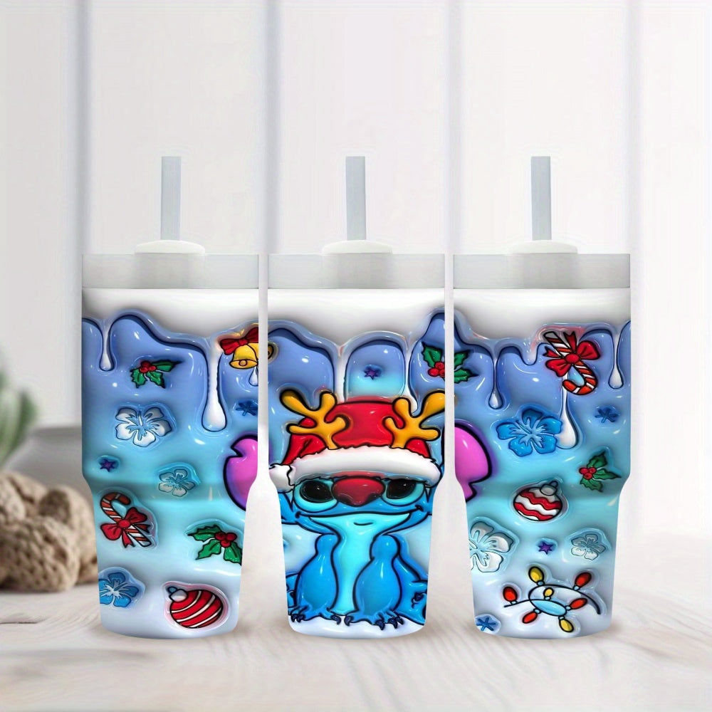 1pc Disney Stitch Christmas Reindeer Cartoon Character 14oz Stainless Steel Insulated Tumbler with Straw, Hand Wash Only, BPA Free, Round Holiday Themed Travel Mug for Home & Car Use, Ideal Ramadan Gift