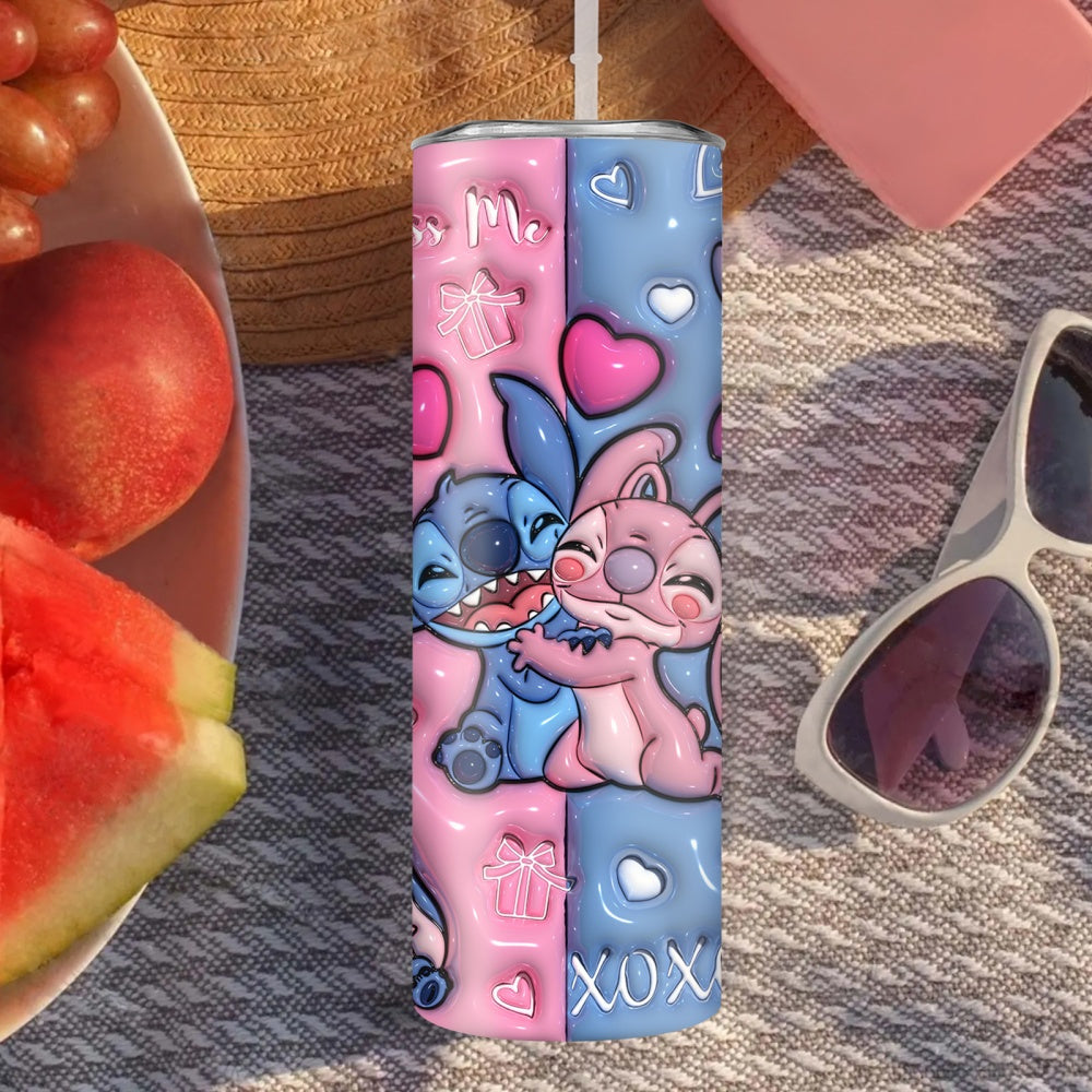Stitch & Angel 20oz Insulated Tumbler - Love You Kiss Me Design, Stainless Steel with Straw for Fitness, Travel, Driving & Home Use