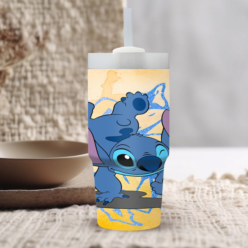 Disney Stitch Cartoon Character Round Stainless Steel Tumbler with Straw, 14oz Insulated Travel Mug, BPS Free, Hand Wash Only, Ideal for Car, Home, Daily Use, Gift for Family and Friends - Ramadan Celebration