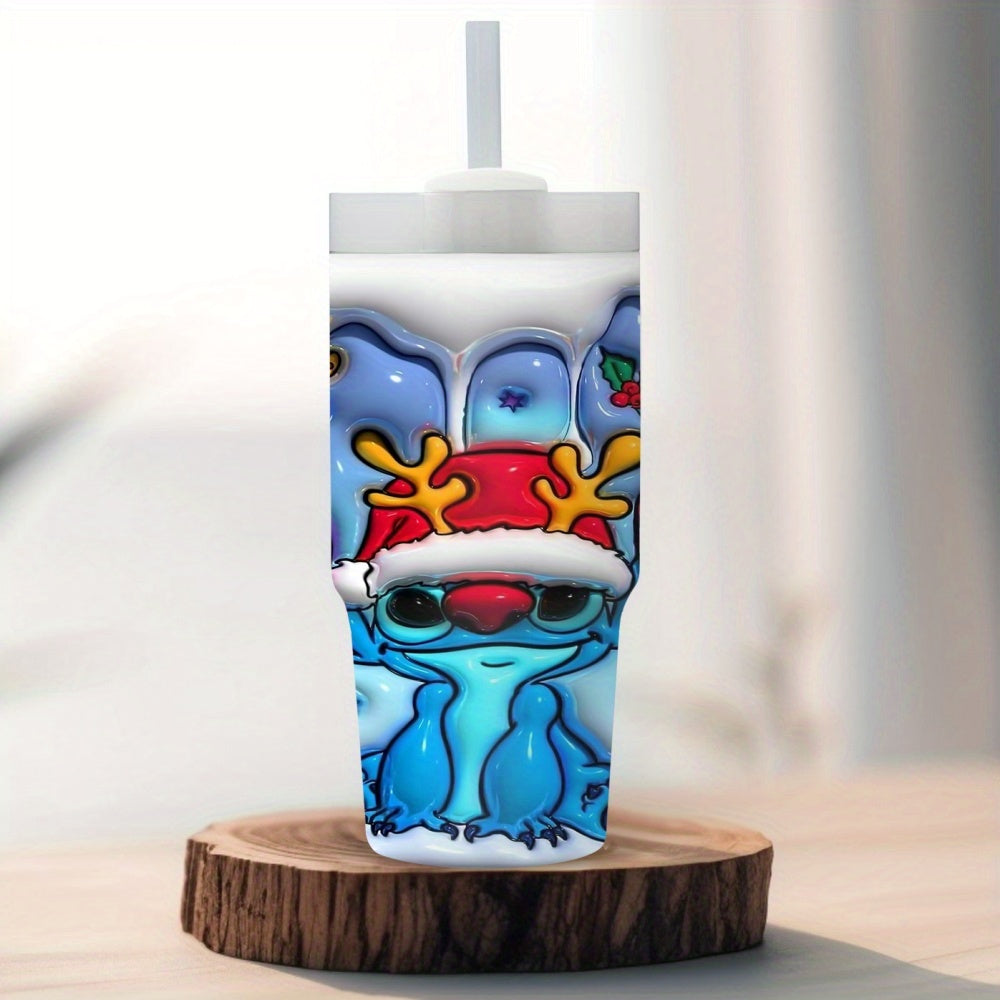 1pc Disney Stitch Christmas Reindeer Cartoon Character 14oz Stainless Steel Insulated Tumbler with Straw, Hand Wash Only, BPA Free, Round Holiday Themed Travel Mug for Home & Car Use, Ideal Ramadan Gift