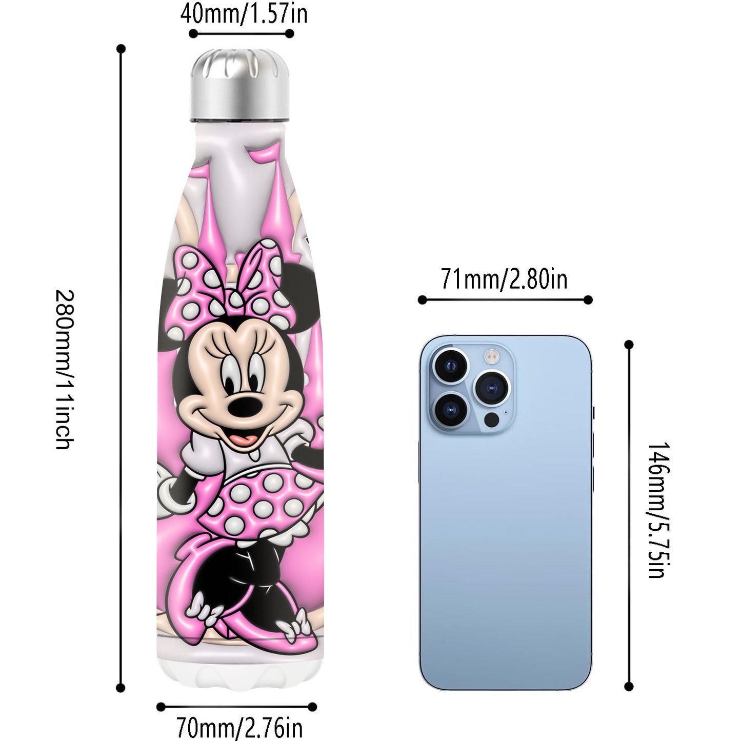 Disney Minnie Mouse 18oz Stainless Steel Insulated Soda Bottle - Leakproof, Double-Walled for Hot & Cold Drinks, Perfect Christmas Gift for Family and Friends
