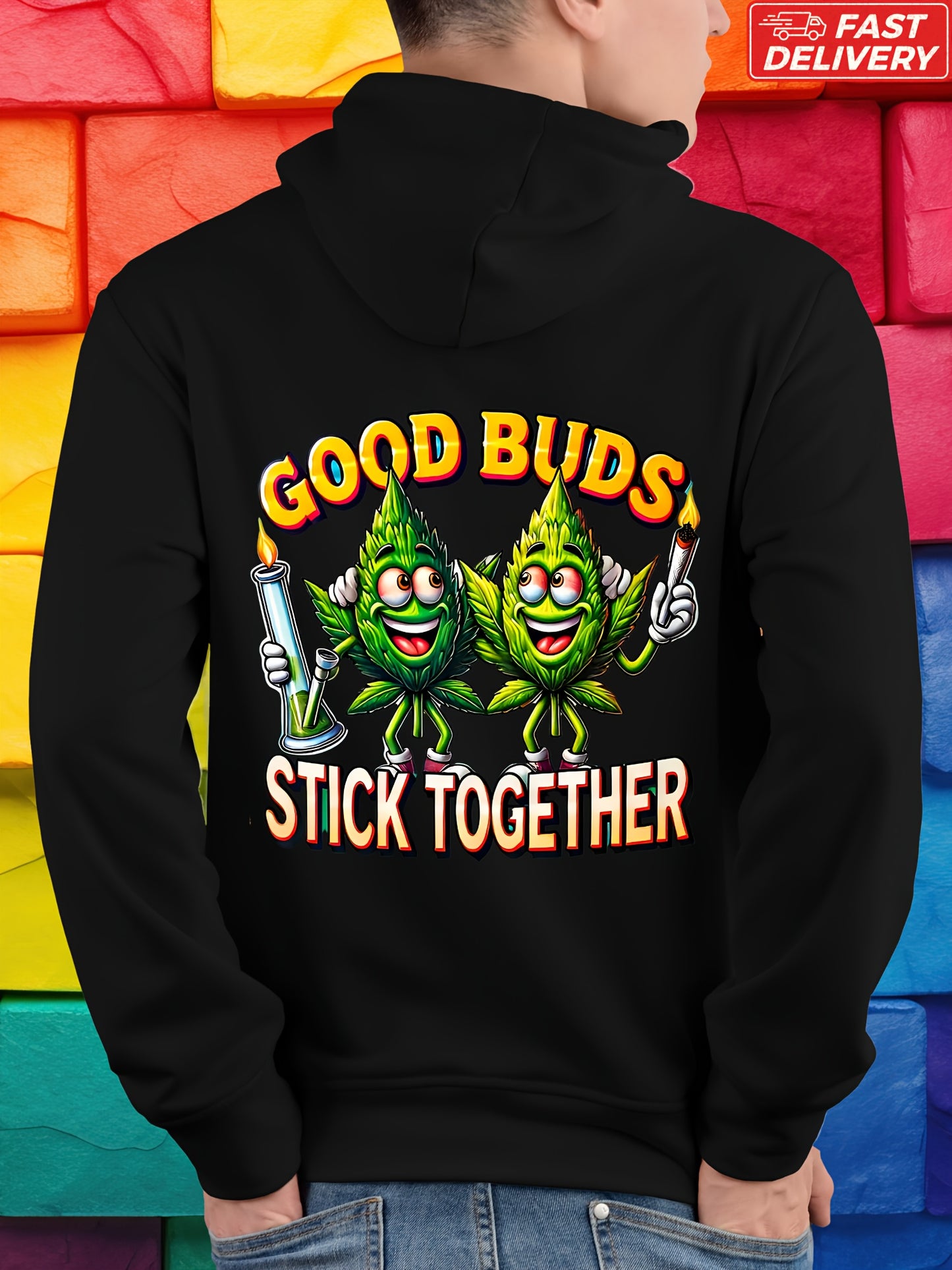 Print in USA Long Sleeve Hooded Sweatshirt, Good Buds Stick Together Trendy Hoodie, Cool Pullover Kangaroo Pocket Without Drawstring for Men and Teens, Best Gifts for Family with Fast Delivery