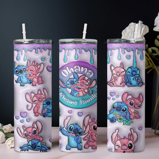 20oz Stainless Steel Tumbler with Straw - Insulated Water Bottle with Stitch & Angel Design, Perfect for Car & Home Use, BPA-Free, Hand Wash Only, Coffee Cup, Ohana Means Family