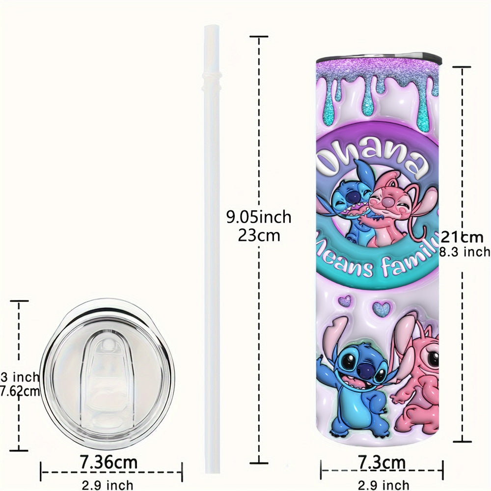 20oz Stainless Steel Tumbler with Straw - Insulated Water Bottle with Stitch & Angel Design, Perfect for Car & Home Use, BPA-Free, Hand Wash Only, Coffee Cup, Ohana Means Family