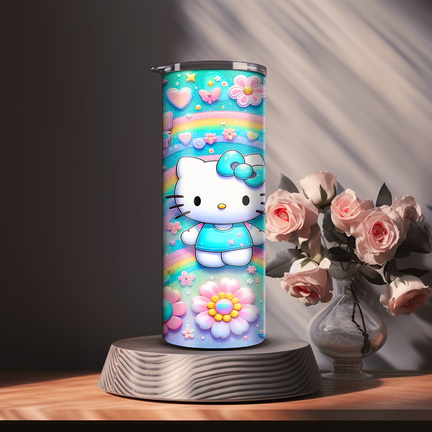 Hello Kitty 20oz Insulated Stainless Steel Tumbler with Straw - Cute Cartoon Cat, Floral & Rainbow Designs - Rust-Proof, Detachable Lid - Perfect for Relaxation, Reading, Dining - Ideal Christmas Gift, Hello Kitty Room Decor