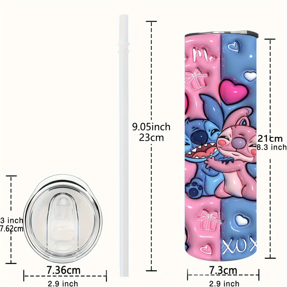 Stitch & Angel 20oz Insulated Tumbler - Love You Kiss Me Design, Stainless Steel with Straw for Fitness, Travel, Driving & Home Use