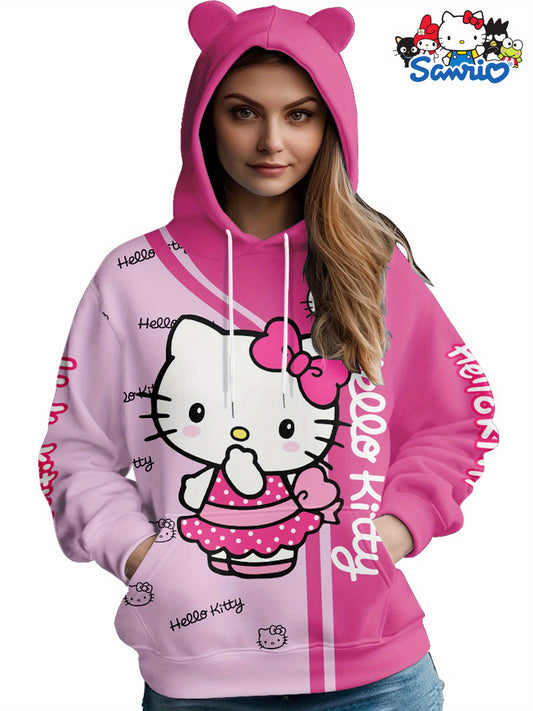 Hello Kitty Cozy Hoodie for Women - Casual Long Sleeve with Pockets, Soft Polyester Knit, Machine Washable - Perfect for Fall/Winter, Novelty Cat, Sweatshirt