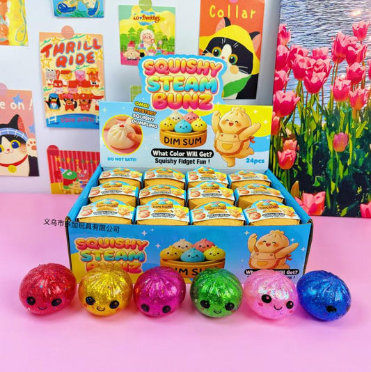 Squishy Steam Bunz Dim Sum Fidget Toys – Mystery Color (24-Pack Display)
