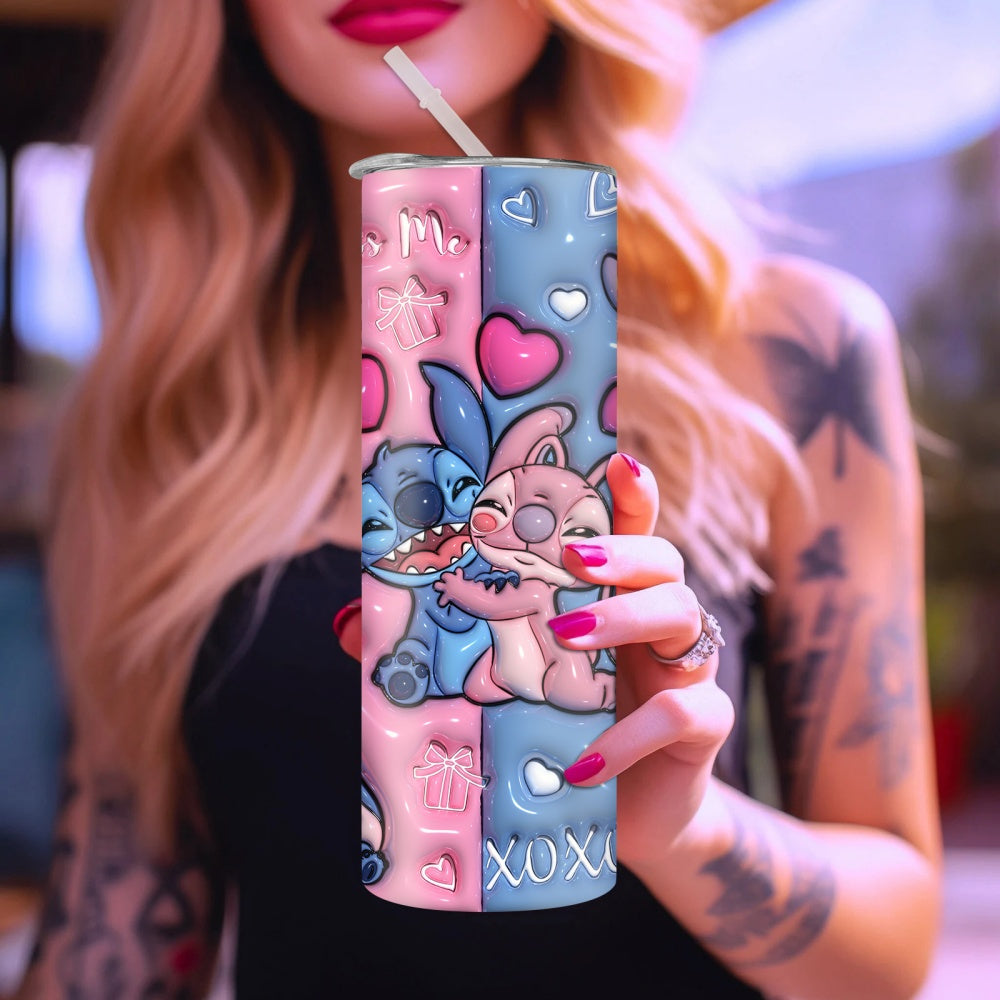 Stitch & Angel 20oz Insulated Tumbler - Love You Kiss Me Design, Stainless Steel with Straw for Fitness, Travel, Driving & Home Use
