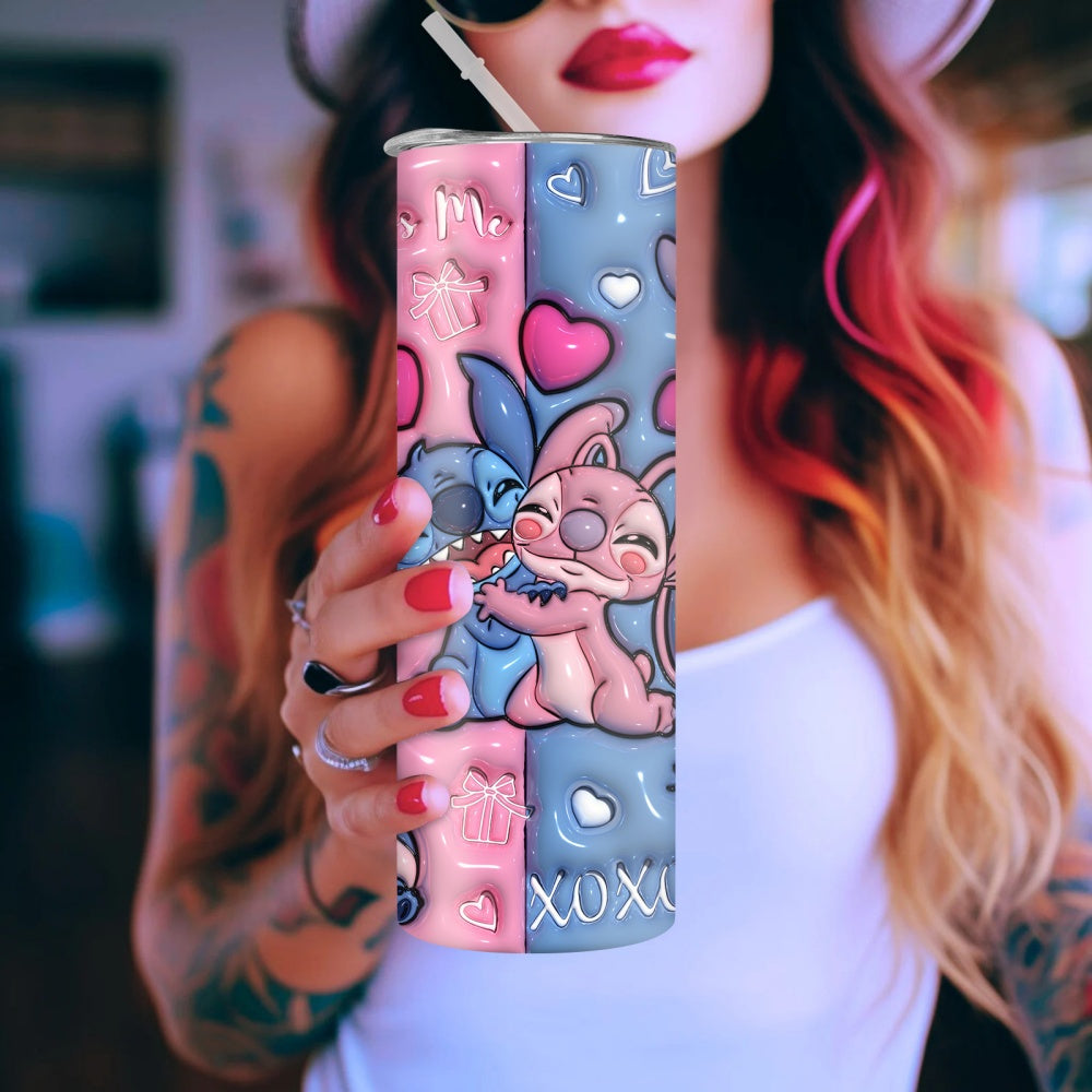 Stitch & Angel 20oz Insulated Tumbler - Love You Kiss Me Design, Stainless Steel with Straw for Fitness, Travel, Driving & Home Use