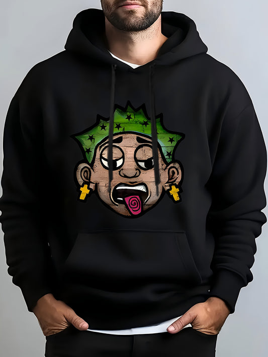Men's Hip Hop Graphic Hoodie - Cozy Fleece-Lined Pullover with Kangaroo Pocket, Casual Streetwear for Fall & Winter, Black