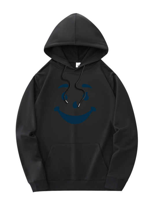 New and trendy thin Men's hooded sweatshirt, casual daily drawstring hooded sweatshirt with personality joyful face pattern, kangaroo pocket, Men's top
