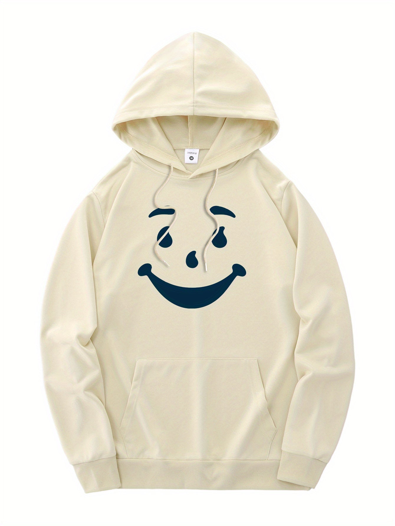 New and trendy thin Men's hooded sweatshirt, casual daily drawstring hooded sweatshirt with personality joyful face pattern, kangaroo pocket, Men's top