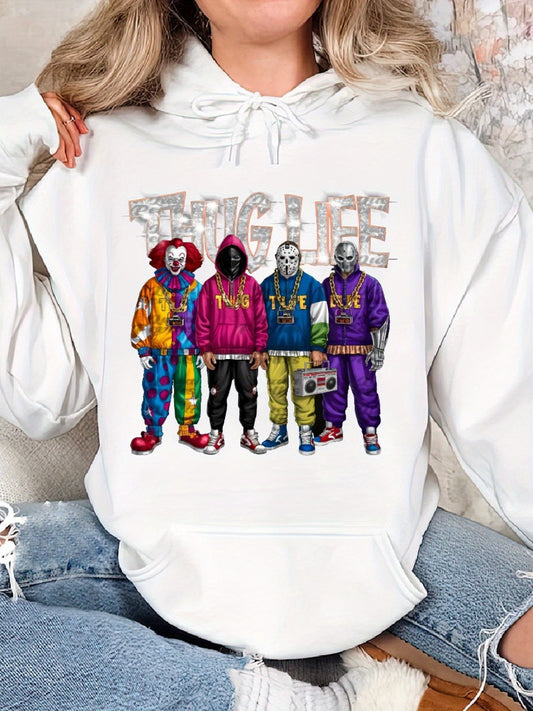 Thug Life Horrors Hip Hop, Thug Life Halloween Cozy Classic Print Pullover Hoodie, Casual Long Sleeve Hoodie For Sprots