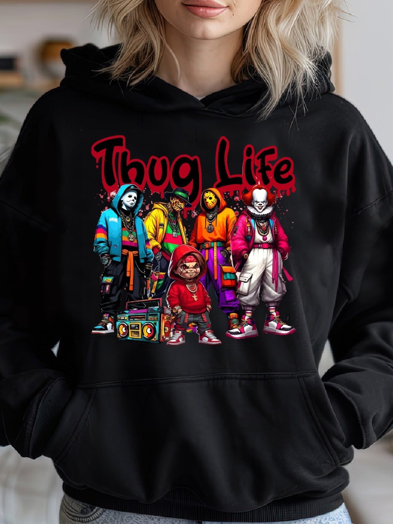 Casual Long Sleeve Thug Life Horrors Hip Hop Cozy Classic Print Pullover Hoodie for Sports
