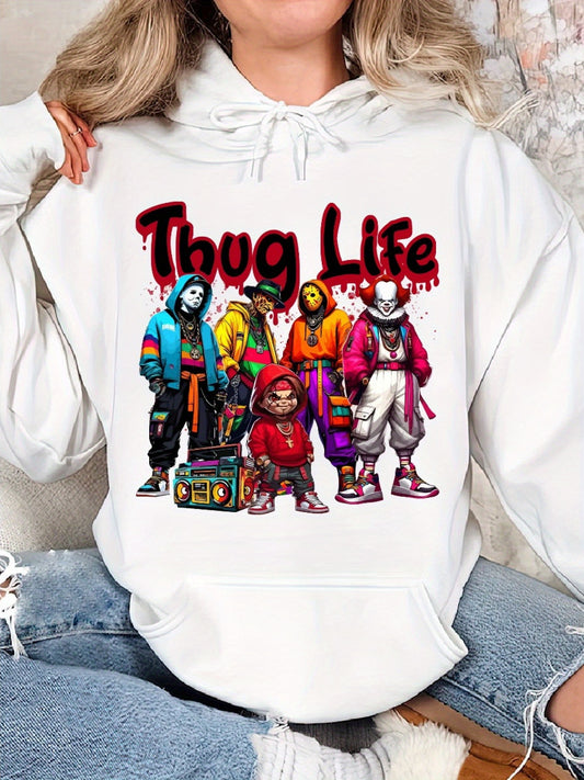 Casual Long Sleeve Thug Life Horrors Hip Hop Cozy Classic Print Pullover Hoodie for Sports