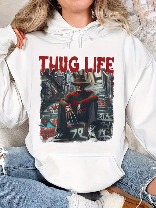 Fred..dy Krug..er Thug Life, Thug Life Halloween, Nightmare on E..lm Street Cozy Classic Print Pullover Hoodie, Casual Long Sleeve Hoodie For Sprots