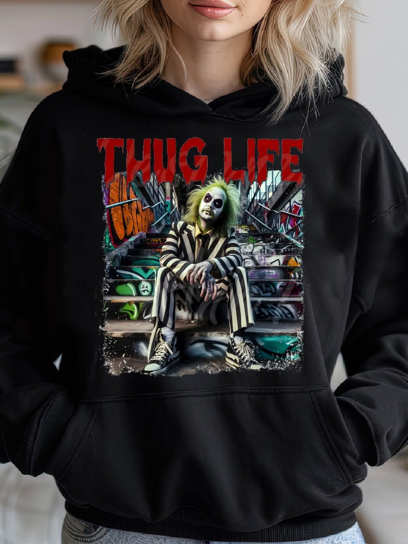 Beetlle Juice, Thug Life Halloween Cozy Classic Print Pullover Hoodie, Casual Long Sleeve Hoodie For Sprots