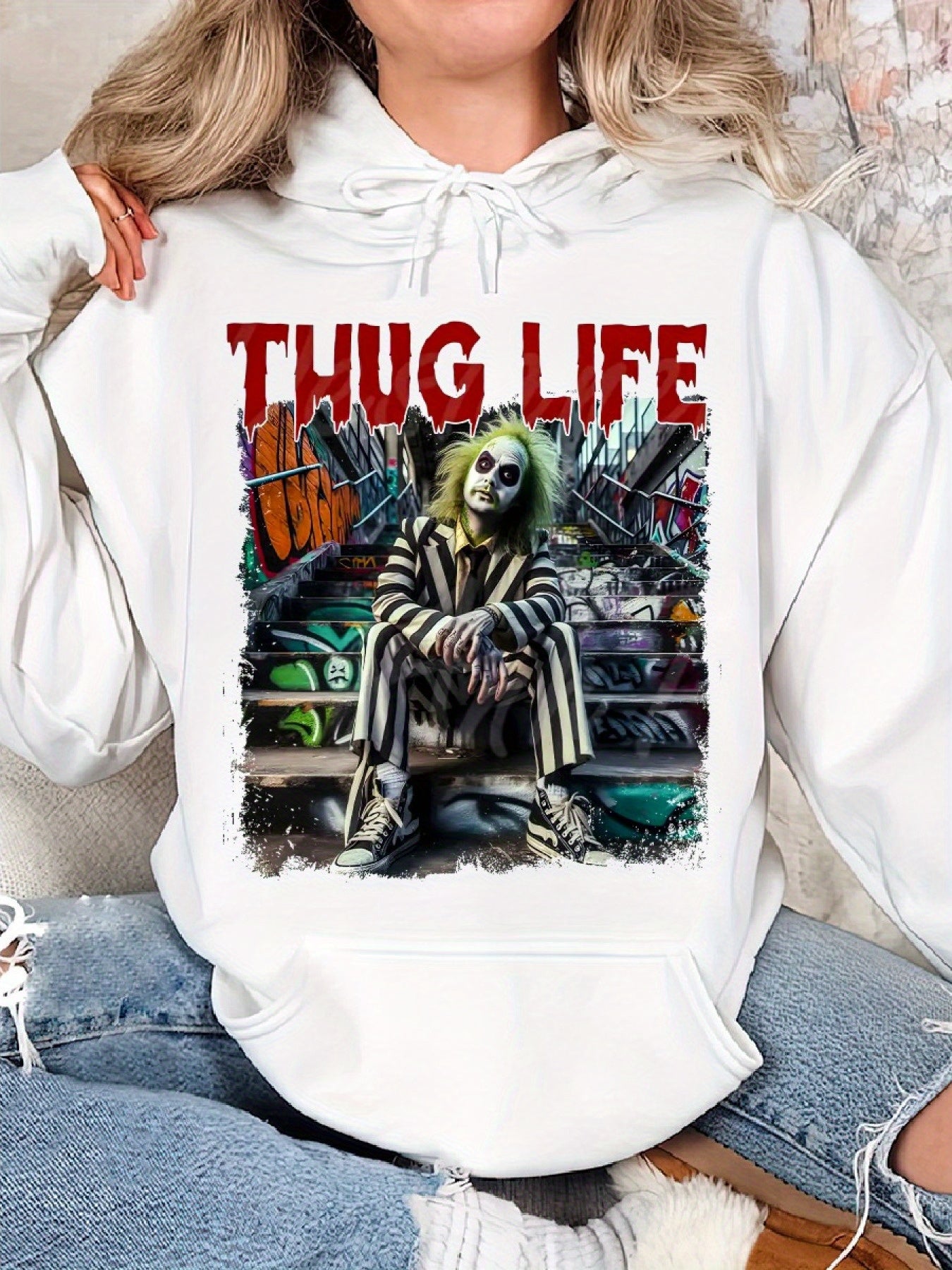 Beetlle Juice, Thug Life Halloween Cozy Classic Print Pullover Hoodie, Casual Long Sleeve Hoodie For Sprots