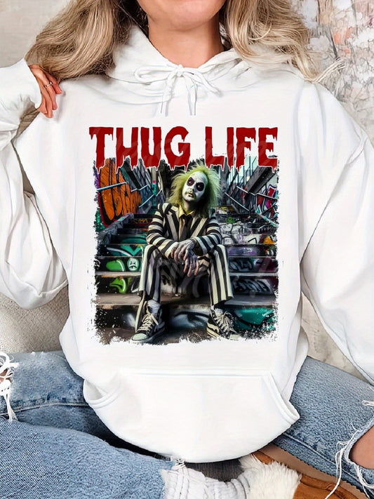 Beetlle Juice, Thug Life Halloween Cozy Classic Print Pullover Hoodie, Casual Long Sleeve Hoodie For Sprots