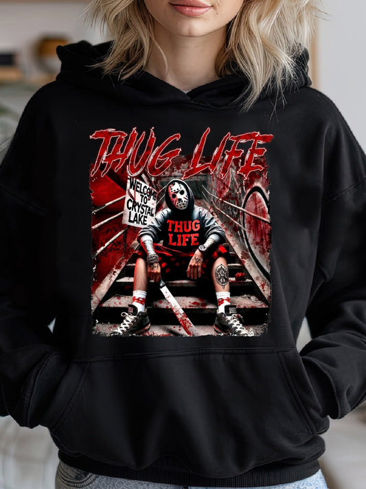 Thug Life Horrors Hip Hop, Thug Life Hallowee Cozy Classic Print Pullover Hoodie, Casual Long Sleeve Hoodie For Sprots