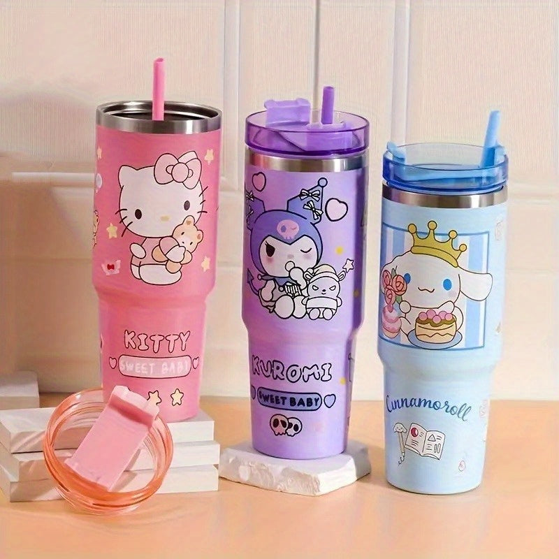 Sanrio Hello Kitty Kuromi Insulated Cup - 30oz 900ml Stainless Steel with Straw, Portable and Leak-proof, Suitable for Travel, Sports, Fitness | Cute Cinnamoroll and Kuromi Pattern Vacuum Car Cup Large Capacity Cold Preservat