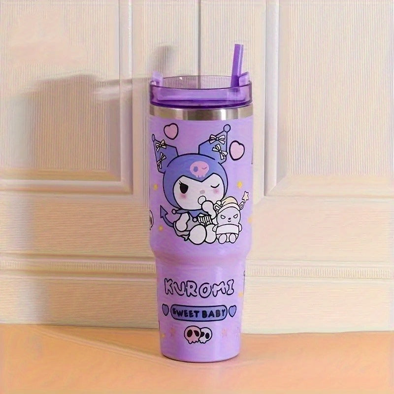 Sanrio Hello Kitty Kuromi Insulated Cup - 30oz 900ml Stainless Steel with Straw, Portable and Leak-proof, Suitable for Travel, Sports, Fitness | Cute Cinnamoroll and Kuromi Pattern Vacuum Car Cup Large Capacity Cold Preservat