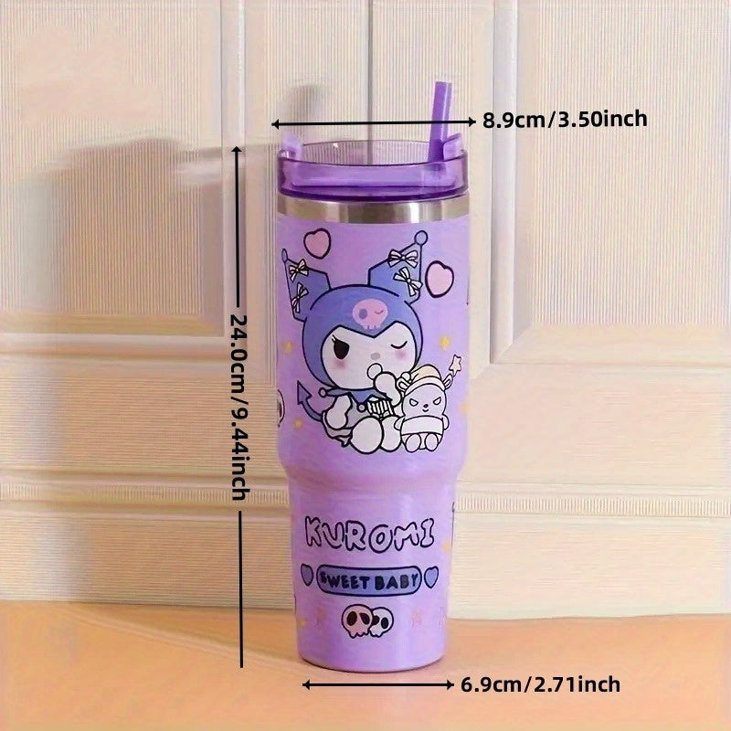 Sanrio Hello Kitty Kuromi Insulated Cup - 30oz 900ml Stainless Steel with Straw, Portable and Leak-proof, Suitable for Travel, Sports, Fitness | Cute Cinnamoroll and Kuromi Pattern Vacuum Car Cup Large Capacity Cold Preservat