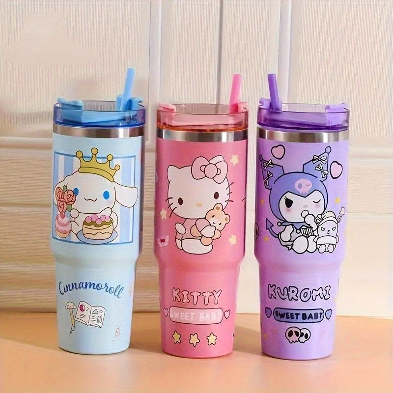 Sanrio Hello Kitty Kuromi Insulated Cup - 30oz 900ml Stainless Steel with Straw, Portable and Leak-proof, Suitable for Travel, Sports, Fitness | Cute Cinnamoroll and Kuromi Pattern Vacuum Car Cup Large Capacity Cold Preservat