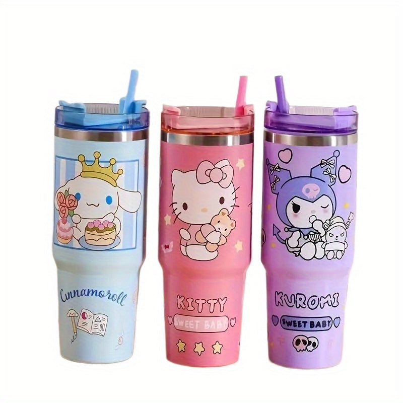 Sanrio Hello Kitty Kuromi Insulated Cup - 30oz 900ml Stainless Steel with Straw, Portable and Leak-proof, Suitable for Travel, Sports, Fitness | Cute Cinnamoroll and Kuromi Pattern Vacuum Car Cup Large Capacity Cold Preservat