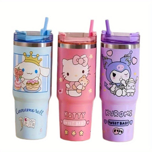 Sanrio Hello Kitty Kuromi Insulated Cup - 30oz 900ml Stainless Steel with Straw, Portable and Leak-proof, Suitable for Travel, Sports, Fitness | Cute Cinnamoroll and Kuromi Pattern Vacuum Car Cup Large Capacity Cold Preservat
