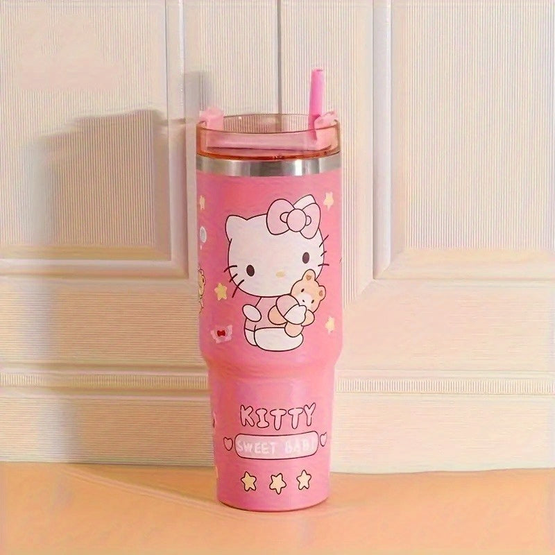 Sanrio Hello Kitty Kuromi Insulated Cup - 30oz 900ml Stainless Steel with Straw, Portable and Leak-proof, Suitable for Travel, Sports, Fitness | Cute Cinnamoroll and Kuromi Pattern Vacuum Car Cup Large Capacity Cold Preservat