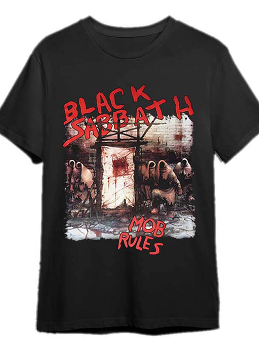 Black Sabbath Mob Rules Graphic Tee | 100% Cotton Knit Fabric | Casual Regular Fit All-Season Crew Neck T-Shirt with Slight Stretch | Classic Rock Band Print Shirt for Adults