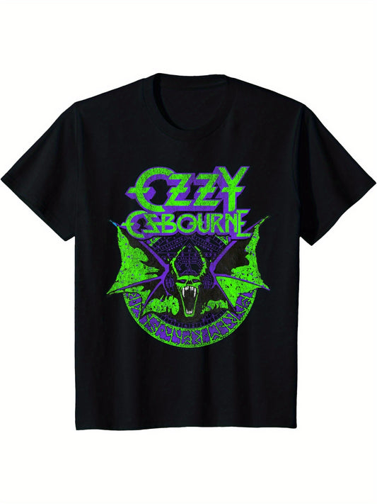 Ozzy Osbourne – Bat Circle Neon V2 T, ShirtVintage Music Street T-Shirt, Men‘s Women's T-Shirt, Comfort Fit Crew Neck T-Shirt, Great for Everyday Wear and Outdoor Activities, Rock Band Cool Girls Boys Shirt