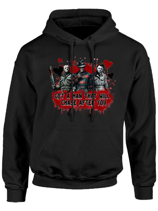 Classic Print Cozy Horror Friends Pullover Hoodie, Long Sleeve Casual Crew Neck Get A Man That Will Chase After You