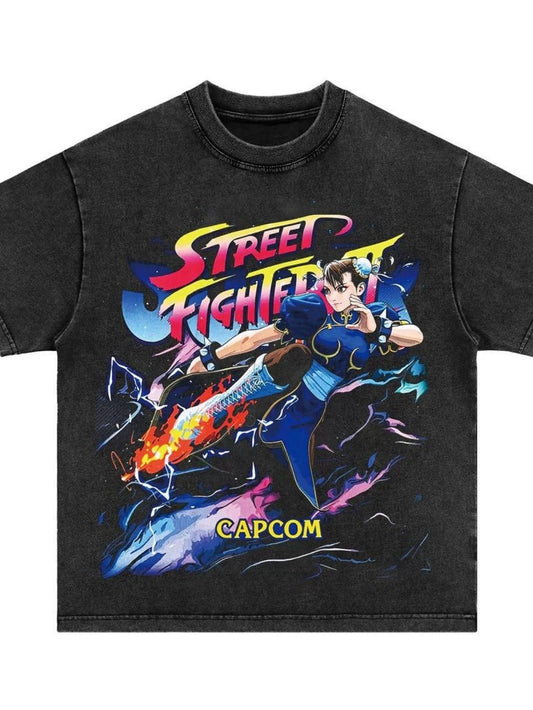 EWHSummer Vintage tee American retro streetfighter Chunli washed old heavy cotton loose short-sleeved t-shirt menDG004